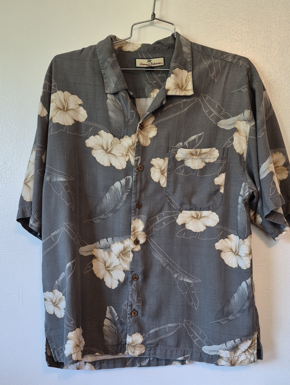 Tommy Bahama Silk Tropical Button Front XL Floral Palm Leaf Gray